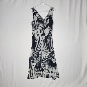 Black White Abstract Floral Cowl Neck Sleeveless Midi Dress Summer Cocktail
